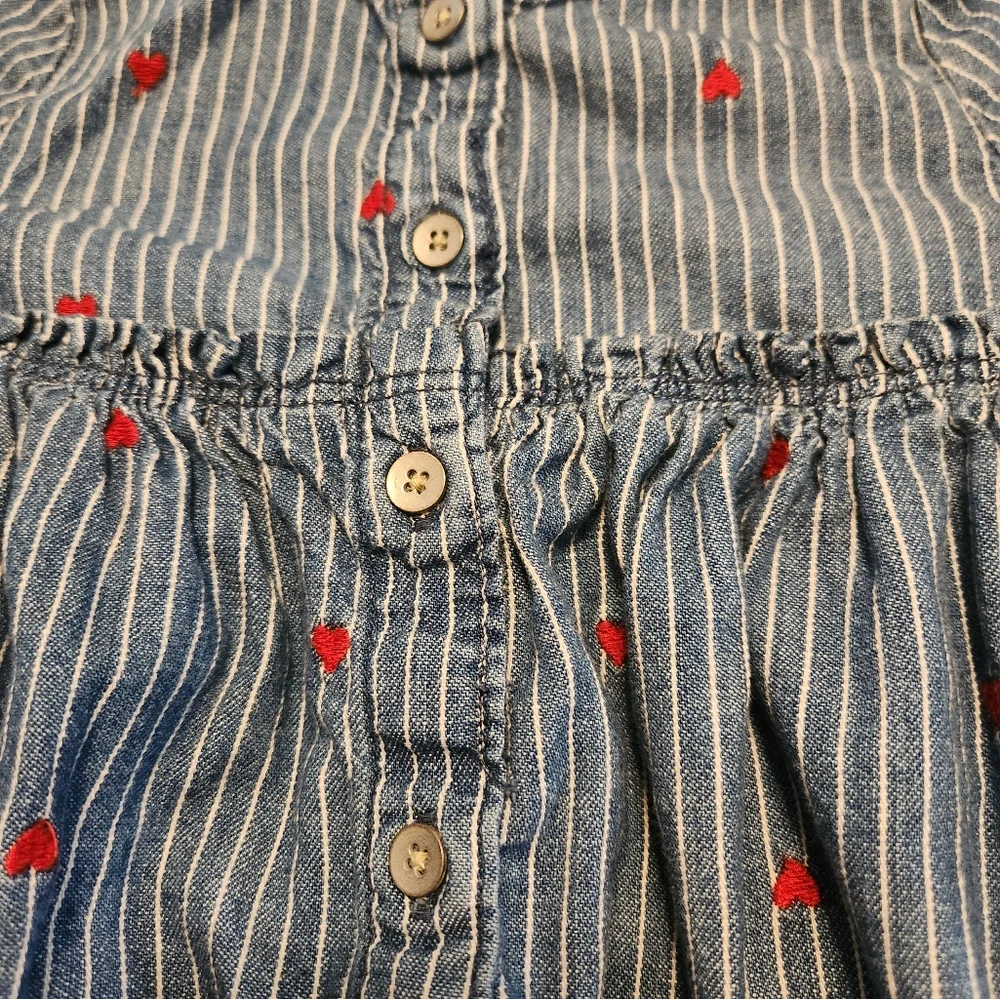 Denim Blue White Striped Red Embroidered Heart Dress Long Sleeves, Gap 18-24 Mos